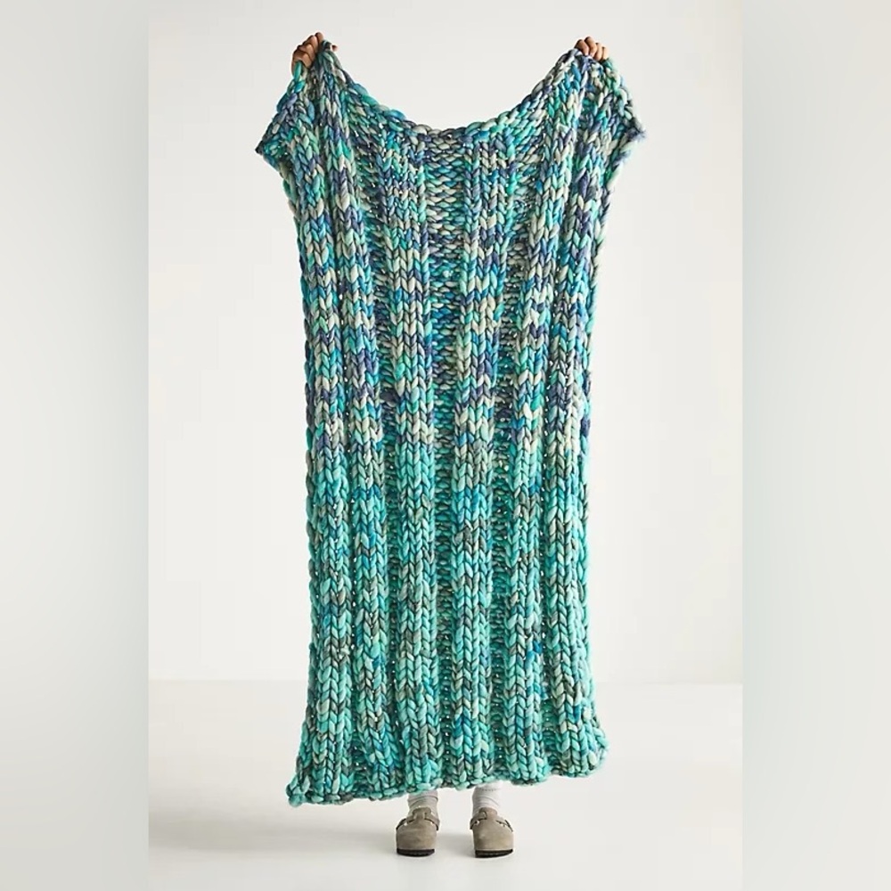 Anthropologie CHUNKY KNIT WOOL THROW BLANKET Style No. 93378925 Blue/Green